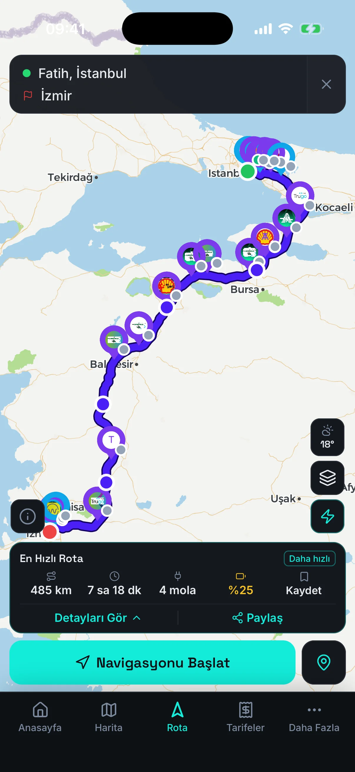 Şarj duraklı rota